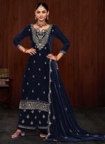 Velvet Navy Blue Party Wear Embroidery Work Plazzo Suit